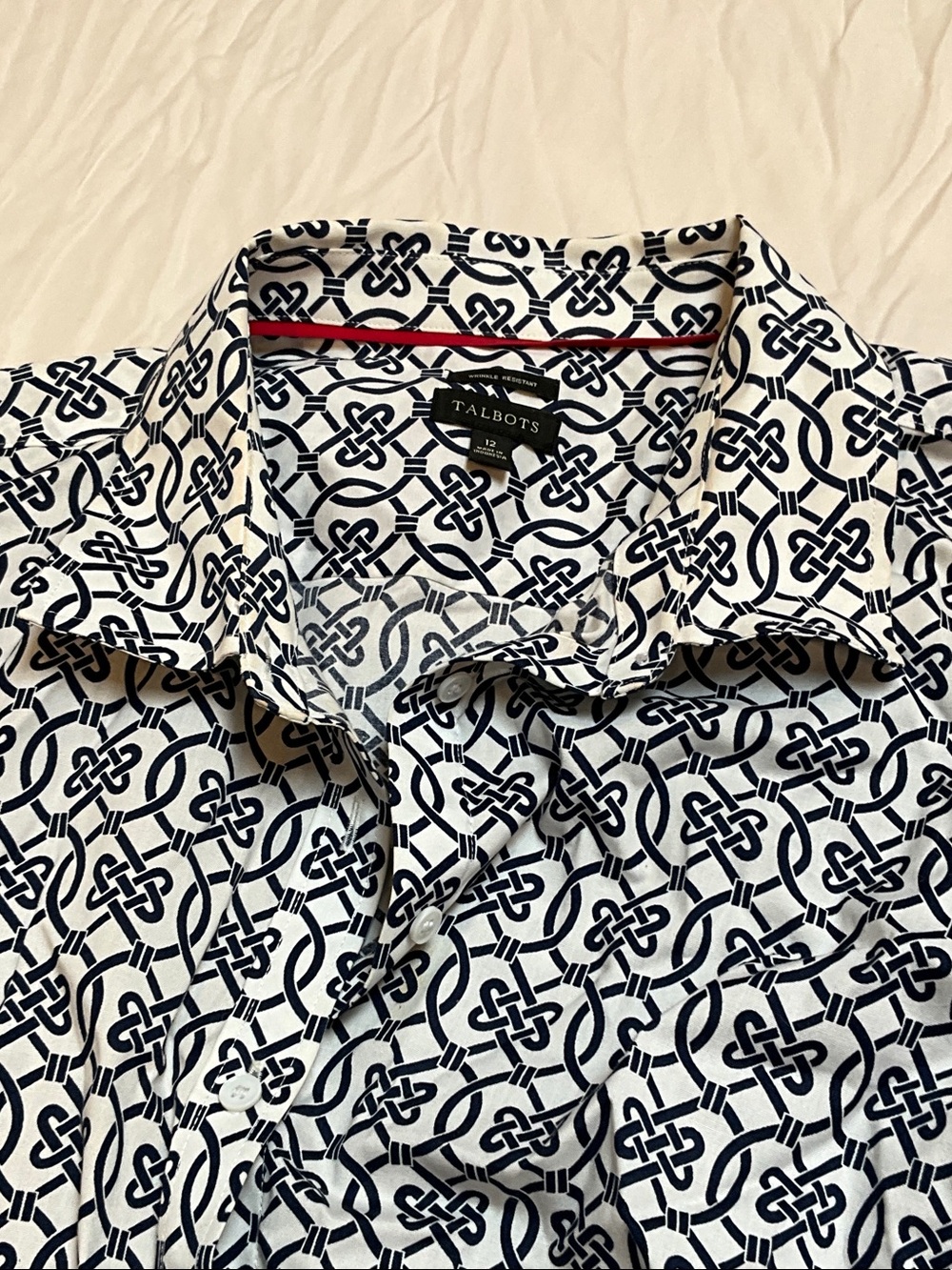 Talbots White Shirt with Navy Interlocking Print